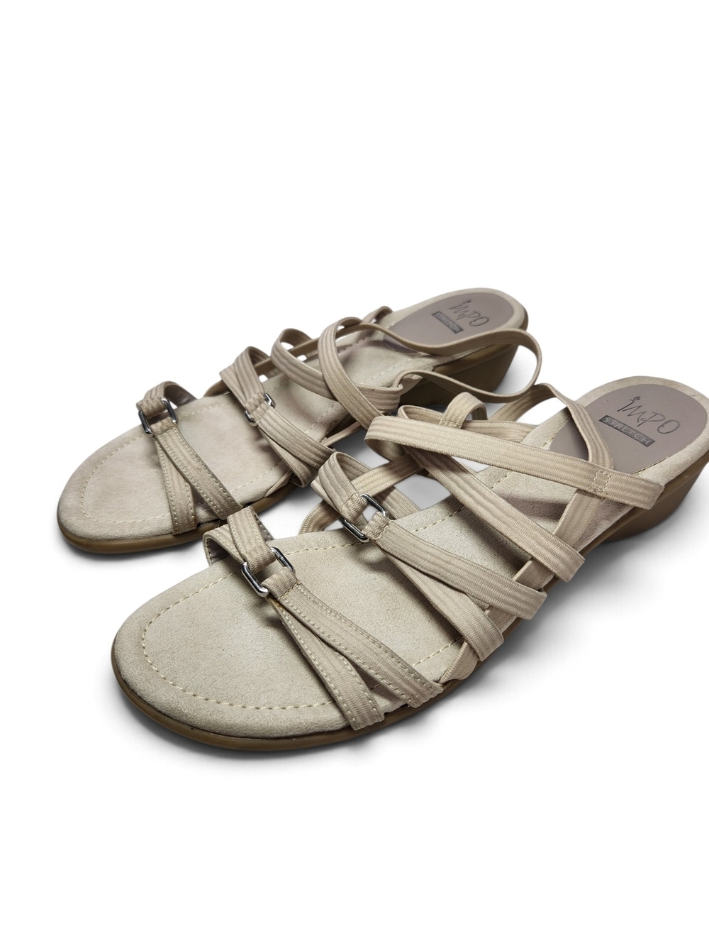 Impo Stretch Deniece Sandals Womens 8.5M Taupe Strappy Low Wedge Comfort Shoes